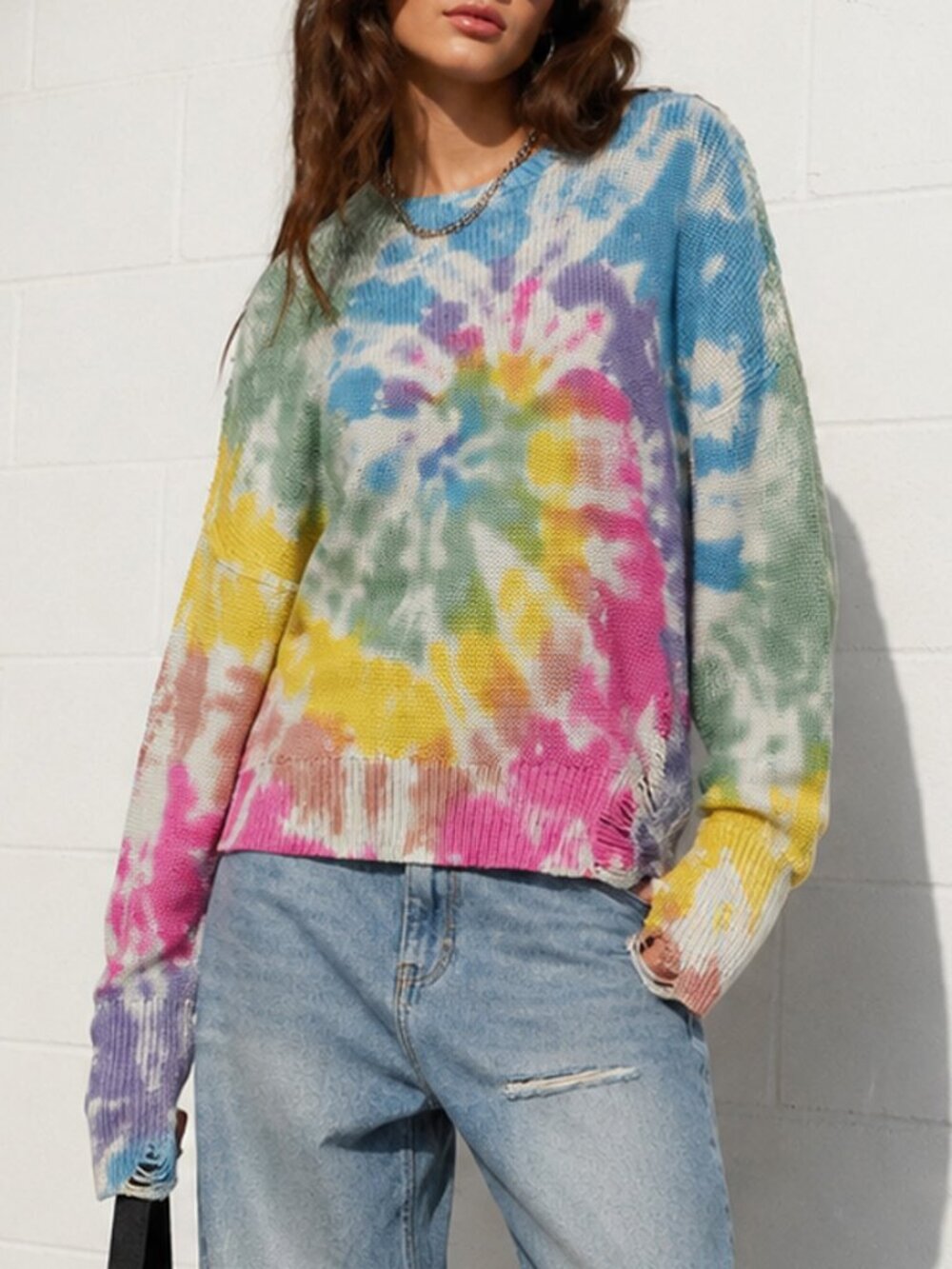 NSF Tie Dye Boyfriend Distressed Sweater Size S